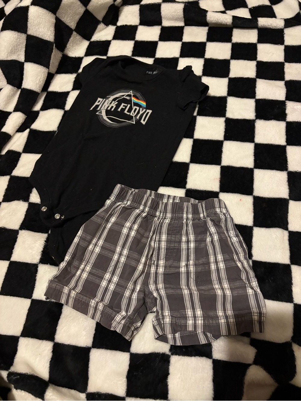 12 month pink Floyd shirt with plaid carters summer shorts